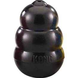 Der Kong Toy in schwarz besteht aus Vollgummi und springt nach dem Werfen unvorhersehbar herum. Kann mit Leckerlies befüllt werden.