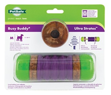 Der PetSafe Busy Buddy Ultra Stratos ist ein hervorragendes Kauspielzeug. Die eingearbeiteten Leckerlie-Ringe werden den Hund lange beschätfigen.